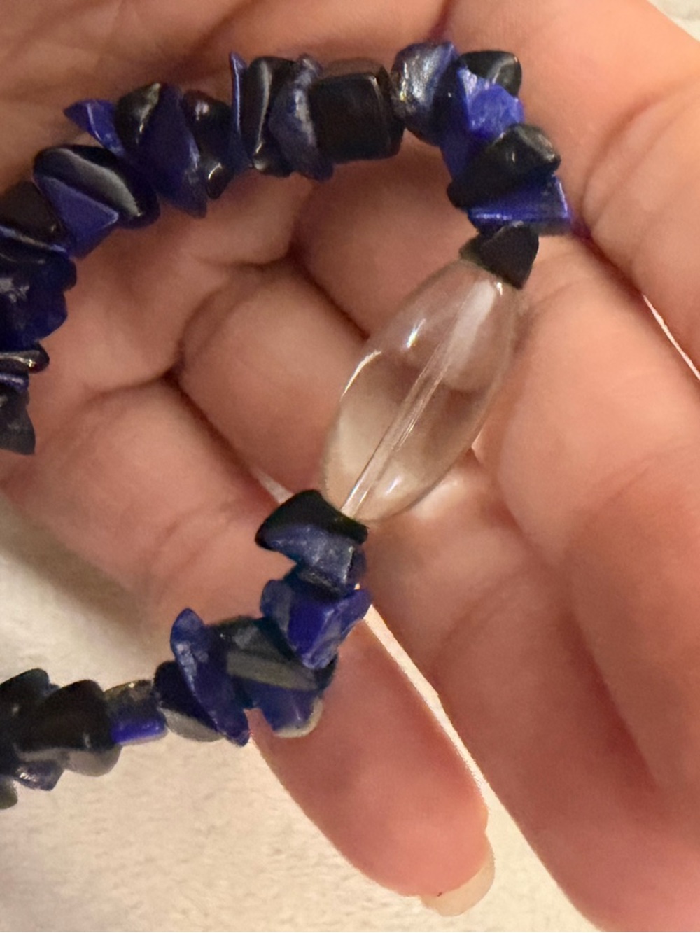 Handmade Blue Chip Crystal Bead Stretch Bracelet with Clear Accent